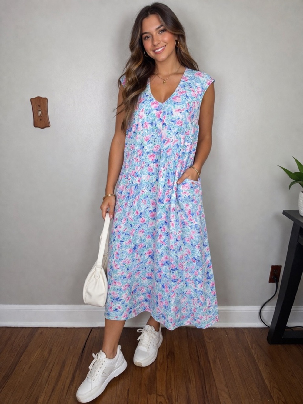 Vintage Simply Basic Pastel Floral Sleeveless Buttons Midi House Dress Sz 2X